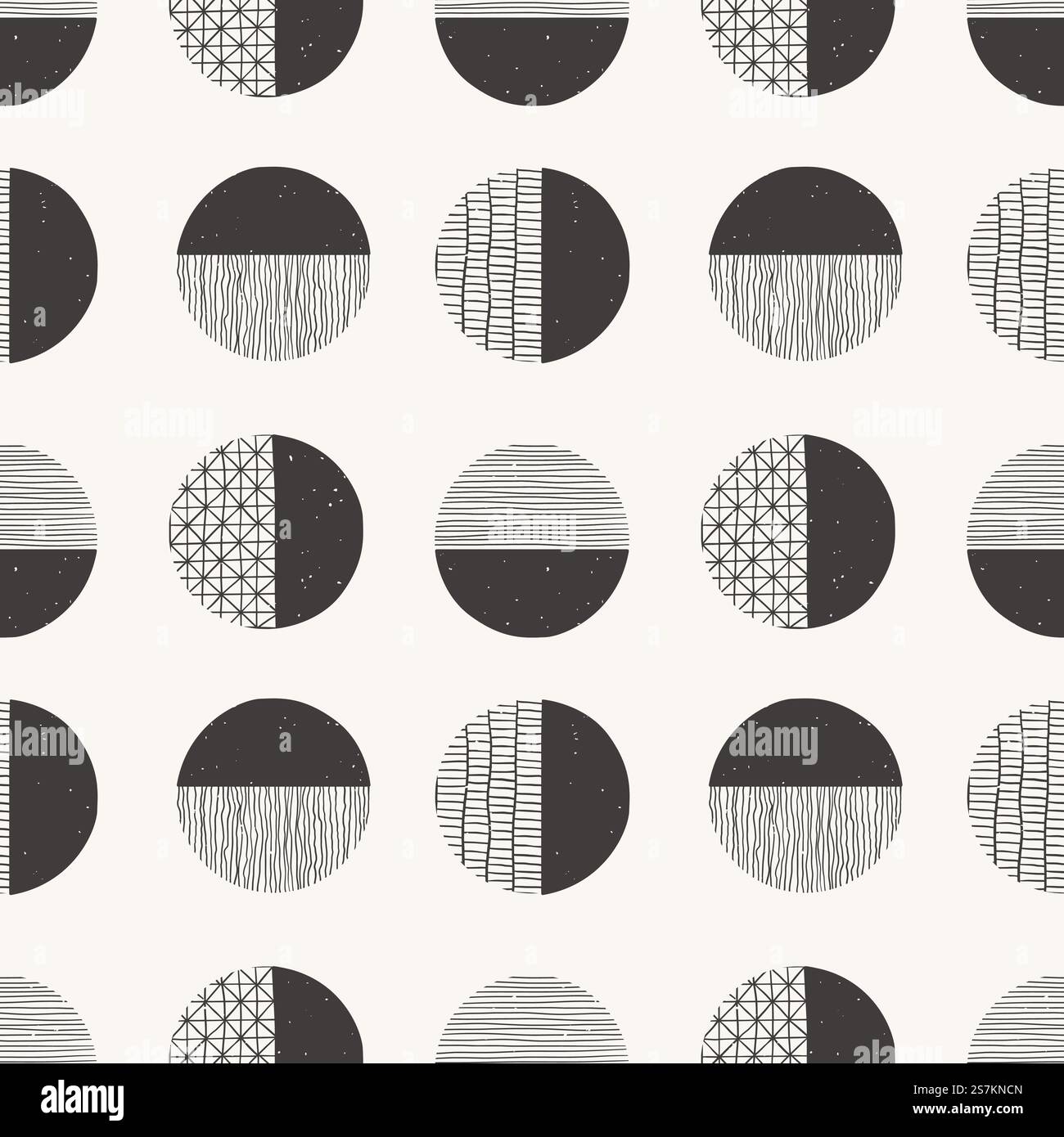 Vektor monochrome nahtlose Hand gezeichnetes Muster mit Tinte, Bleistift, Pinsel. Geometrische Kritzelformen von Flecken, Punkten, Strichen, Streifen, Linien. Vorlage für soziale Medien, Poster, Drucke. Stock Vektor