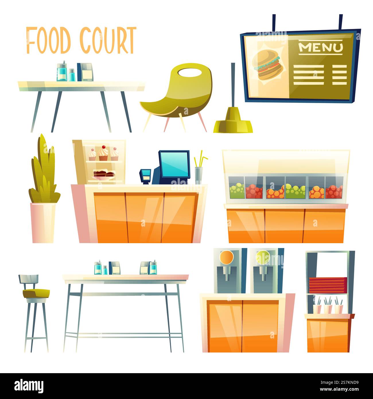 Food Court, Self-Serve Cafe, Hawker Centre Innenarchitektur Elemente, Ausrüstung, Möbel isoliert Cartoon Vektor Set. Bistro-Theke, Fruchtsaftautomat, Illustration von Tischen und Stühlen. Food Court Innenelemente Cartoon Vektor Set Stock Vektor