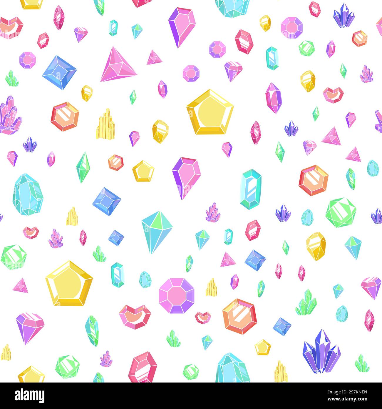 Nahtloses Muster aus Kristall und Edelsteinen. Helle abstrakte Textur mit Kristallen und Edelsteinen, Mineralien und Diamanten. Vektorfarbener Hintergrund mit isolierten Elementen. Nahtloses Muster aus Kristall und Edelsteinen. Helle Textur mit Kristallen und Edelsteinen, Mineralien und Diamanten. Vektorhintergrund mit isolierten Elementen Stock Vektor