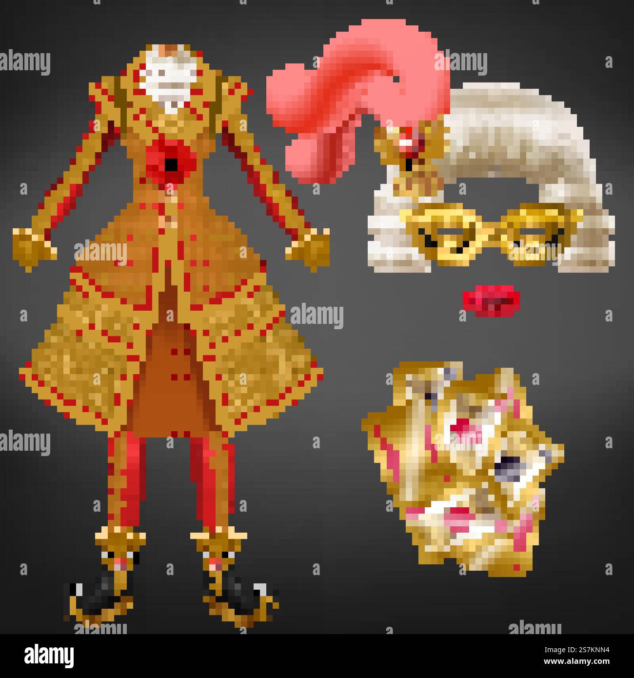 Weiblicher Joker, Harlekin-Anzug, Narrenkostüm für Karneval, kostümierte Party realistischer Vektor. Teures kariertes Kleid, Perücke mit Federn, Augenmaske und bemalten Lippen, Spielkarte isolierte Illustration. Frauen Maskerade, Karnevalsanzug realistischer Vektor Stock Vektor