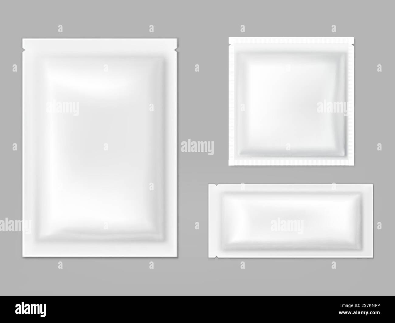 Leere weiße Beutel für feuchte Tücher, Saucen oder Gewürze, leicht reißbar versiegelt, rechteckige Kunststoff-, Folien- oder Polyethylen-Pakete isolierte realistische 3D-Vektorillustration. Luftdichte Verpackungen für Lebensmittel. Kunststoff, Folienbeutel mit Tränenspaltvektor Stock Vektor
