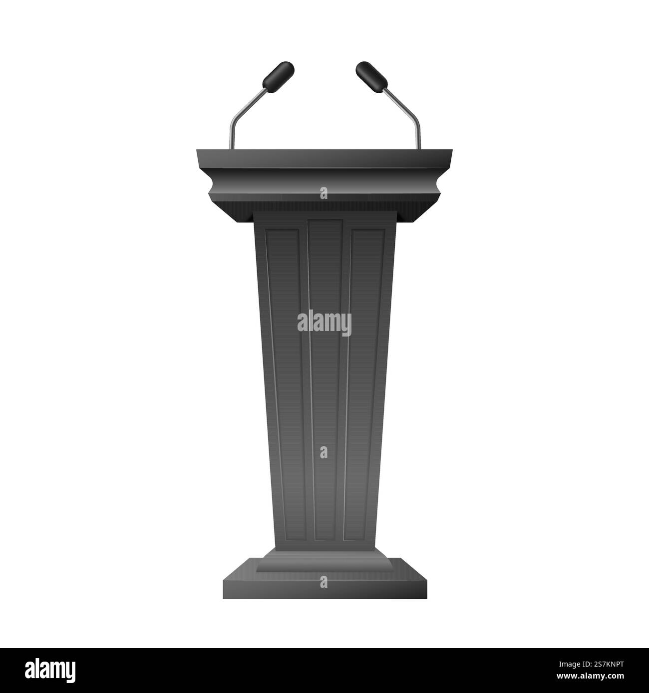 Bühnenständer oder Debattiertribüne mit Mikrofonen auf weißem Hintergrund. Geschäftspräsentation oder Konferenzrede 3D realistisch. Vektorabbildung. Bühnenständer oder Debattiertribüne mit Mikrofonen. Geschäftspräsentation, Redentribüne Stock Vektor