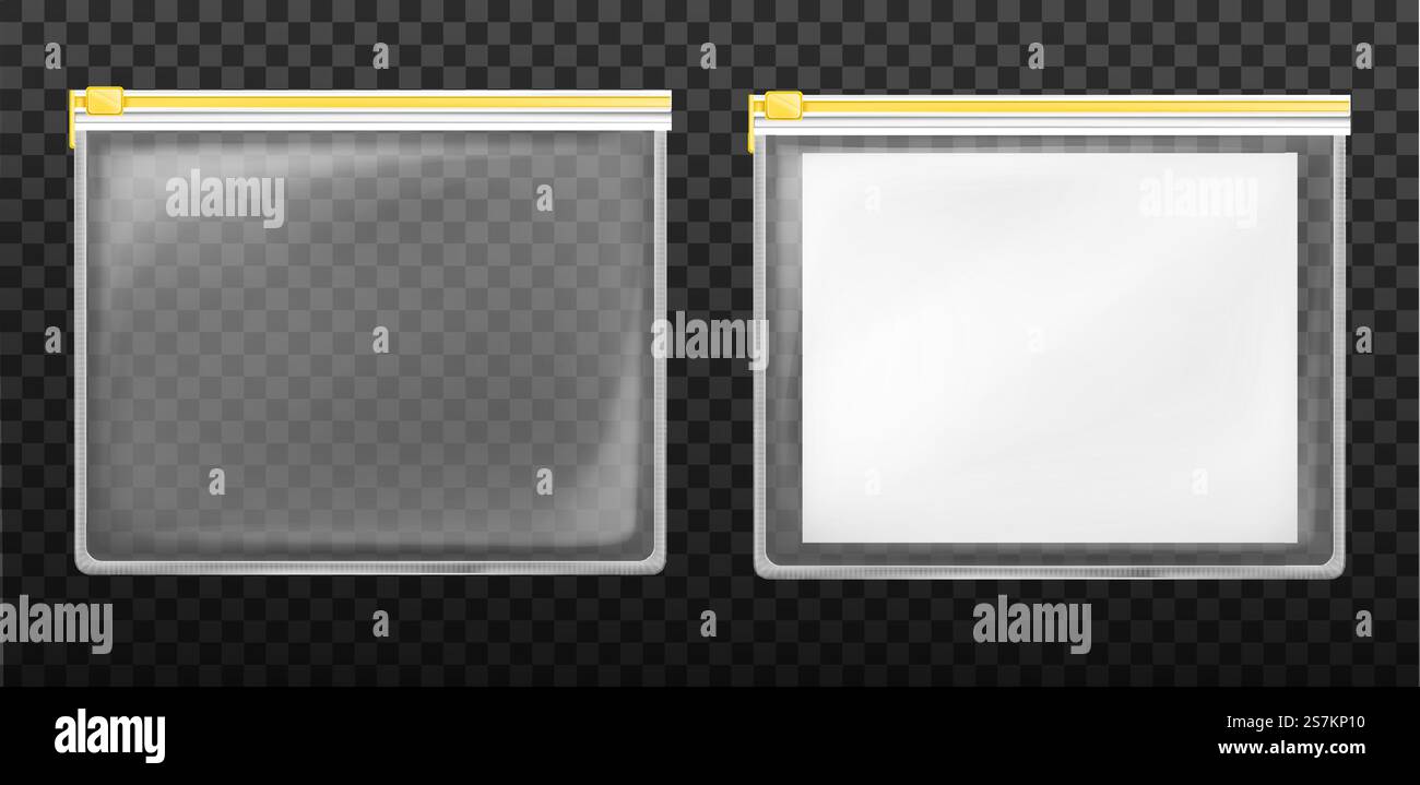 Kunststoff-Reißverschlussbeutel-Set, leere versiegelte Tasche mit gelbem Reißverschluss und weißem leeren Blatt isoliert auf transparentem Hintergrund. Wasserdichter Umschlag. Realistische 3D-Vektor-Illustration, Clip-Art. Plastikbeutel mit Reißverschluss, leere versiegelte Tasche Stock Vektor