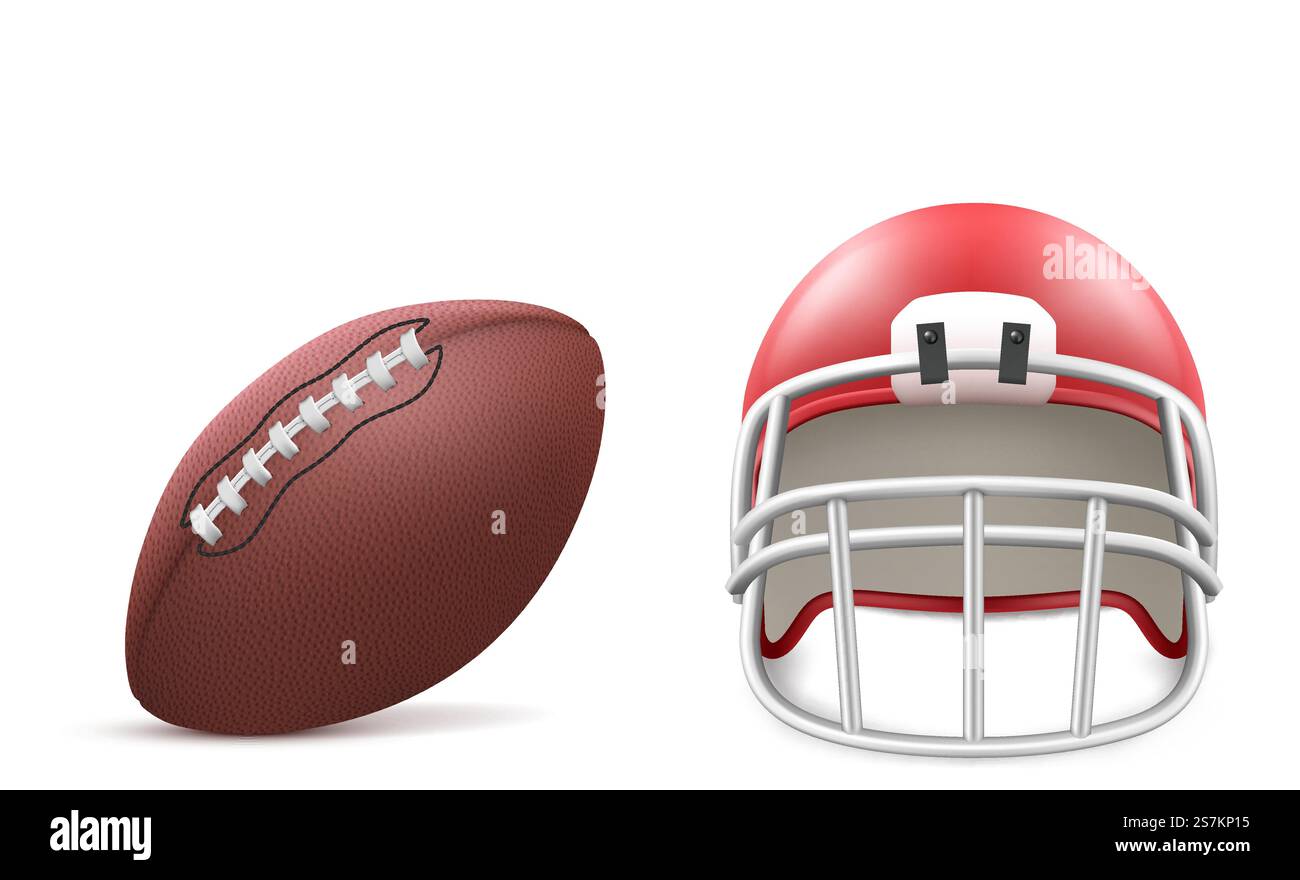 Rugby-Ball und roter Helm mit Gesichtsmaske und Pad isoliert auf weißem Hintergrund. Vektor-realistische Sportausrüstung für american Football. Rugbyball und Helm isoliert auf weißem Hintergrund Stock Vektor