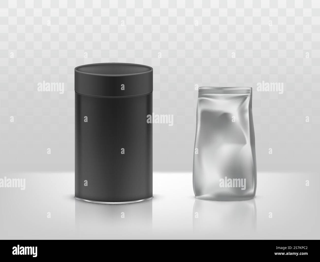 Schwarzes Papppapier runde Röhrenkasten und Folie, versiegeltes Plastikpaket, Behälter 3D realistischer Vektor auf reflektierender Oberfläche, transparenter Hintergrund. Konditorwaren, Tee- oder Kaffeeverpackungen. Produktpapier, Folienverpackung realistischer Vektor Stock Vektor