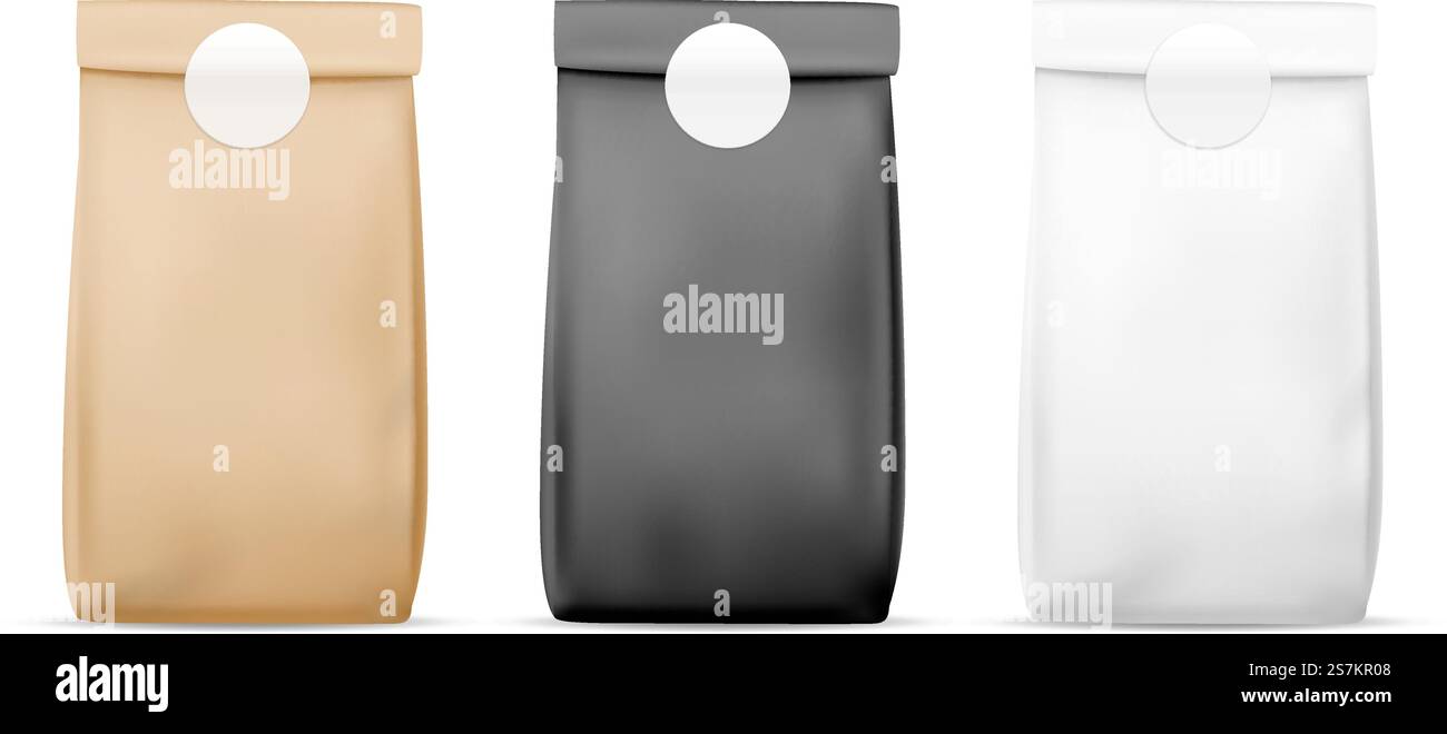 Lebensmittelbeutel in Papierverpackung. Leere weiße, braune und schwarze Tasche. Produktbehältnis versiegelte Verpackung. Einzelhandel Mahlzeit Verpackung realistische Packung Tee und Snacks Stand Vektor Mockup. Lebensmittelbeutel in Papierverpackung. Leere weiße, braune und schwarze Tasche. Verpackung des Produktbehälters. Retail Meal Wrap realistische Vektor-Modell Stock Vektor