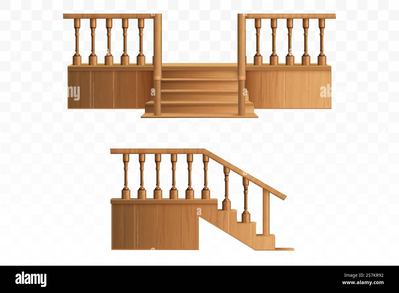 Veranda aus Holzbalustrade isoliert auf transparenter Hinterseite und Vorderansicht. Außentreppe mit dekorativen Säulen für den Eingang zum Haus, Architektur. Realistische 3D-Vektordarstellung. Veranda aus Holzbalustraden Design-Elementen. Stock Vektor