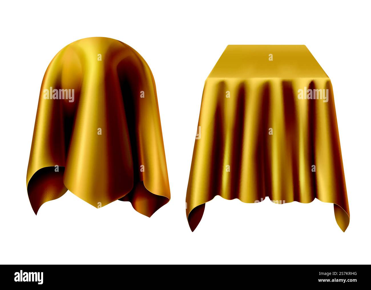 Kugel und Box mit goldenem Tuch bedeckt. Vektorvorlage von Kugel und Würfel versteckt unter Seidenschleier oder Vorhang für Präsentation, Überraschung, Geschenk isoliert auf weißem Hintergrund. Kugel und Box mit goldenem Tuch bedeckt Stock Vektor