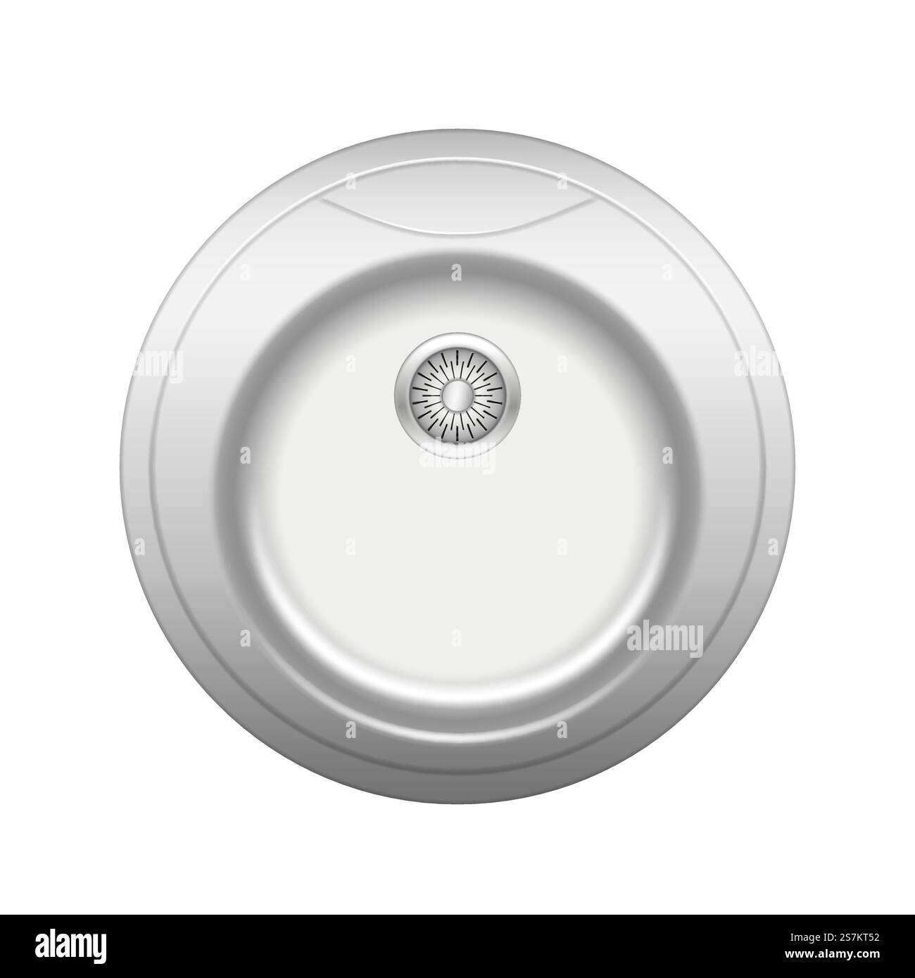 Realistisches Spülbecken. Runder Waschtisch aus Stahlmetall mit Wasserabfluss isoliert auf weißem Hintergrund. Heim Küchenutensilien Gerät. 3D-Vektordarstellung. Realistisches Spülbecken. Runder Waschtisch aus Stahlmetall mit Wasserabfluss isoliert auf weißem Hintergrund Stock Vektor