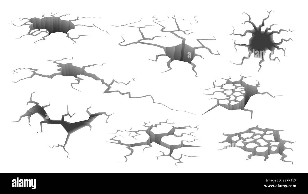 Erdbeben-Riss. Zerstörte Mauer, Loch im Boden mit Rissen und Erdzerstörung Risse isolierter Vektor Zeichentricksymbole des Schadens bricht Oberfläche isoliert auf weiß. Erdbeben-Riss. Zerstörte Mauer, Loch im Boden mit Rissen und Erdzerstörung Risse isolierter Vektor-Zeichentricksatz isoliert auf weiß Stock Vektor