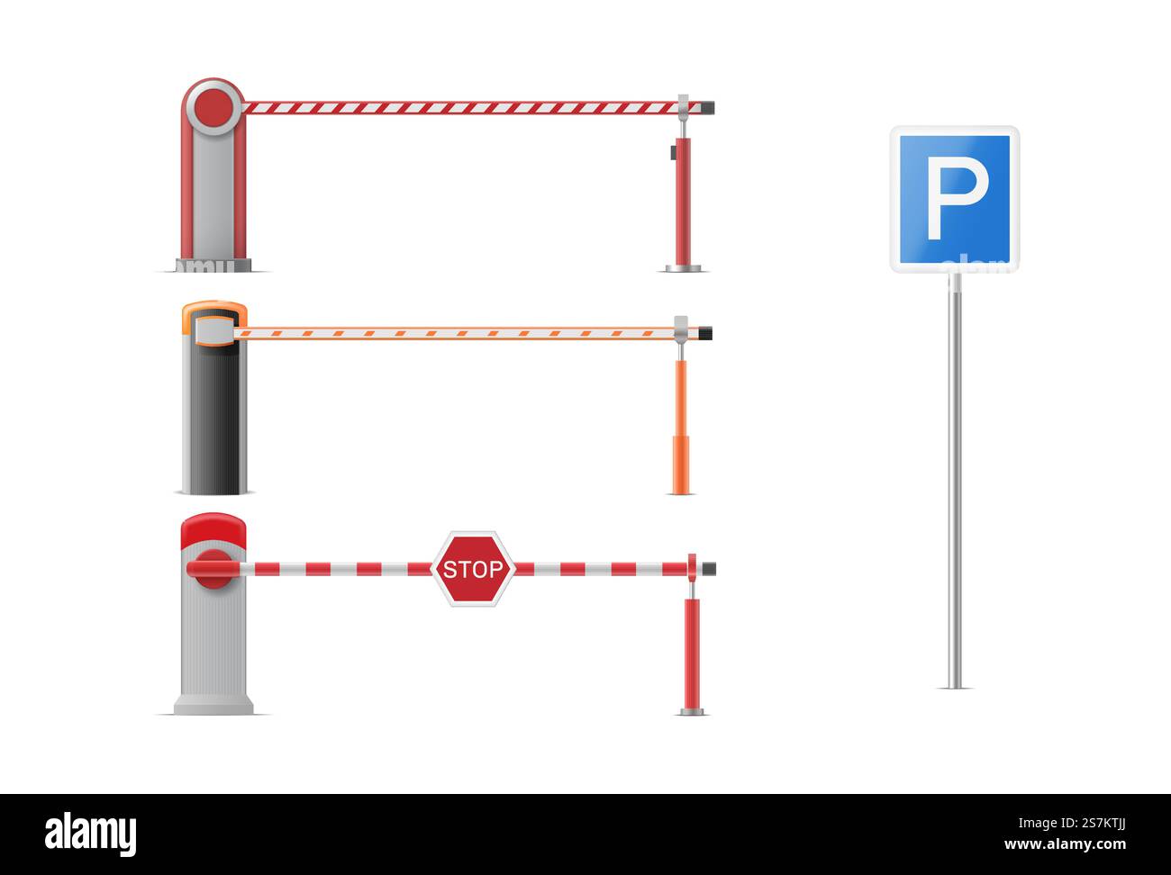 Set aus geschlossenem Parkplatztor mit Stopp- und Parkschildern und Schildern für verbotene Einfahrten isoliert auf weißem Hintergrund. Straßenbahnhaltestelle. 3D-Vektordarstellung. Set aus geschlossenem Parkhaus-Absperrtor mit Stopp- und Parkschildern und Verbotsschildern Stock Vektor