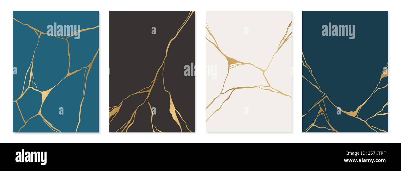 Set aus goldenem Kintsugi-Poster. Japanische Kunst, zerbrochene Töpferwaren zu reparieren. Vektorrissmuster für Hausabzüge, Poster, Tapeten. Goldenes Material der Kintsugi-Restaurierungstechnik. Stock Vektor