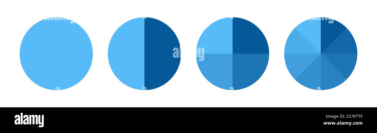 Diagrammrad aus 1, 2, 4, 8 Teilen, Infografikkreis des Tortendiagramms unterteilt in Pizza- oder Donut-Segmente, Vektorsymbole Stock Vektor