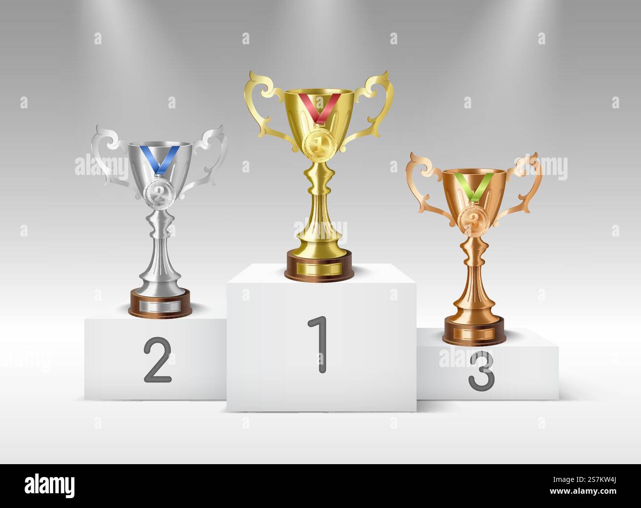 Goldene silberne Bronze-Trophäenbecher stehen auf dem Siegerpodest. Realistischer erster dritter Platz, der Preise auf dem Festungssockel mit Hintergrundlicht gewinnt. 3D-Vektordarstellung. Goldene silberne Bronze-Trophäenbecher auf dem Siegerpodest. Realistischer erster zweiter dritter Platz, der Preise gewinnt Stock Vektor