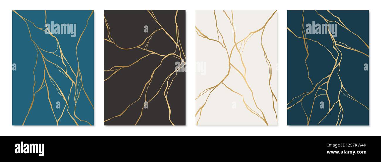 Set aus goldenem Kintsugi-Poster. Japanische Kunst, zerbrochene Töpferwaren zu reparieren. Vektorrissmuster für Hausabzüge, Poster, Tapeten. Goldenes Material der Kintsugi-Restaurierungstechnik. Stock Vektor