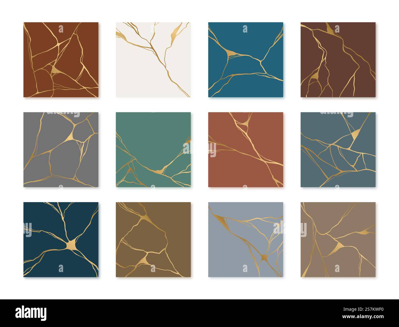 Set aus goldenem Kintsugi-Vektor-Poster-Design. Japanische Kunst, zerbrochene Töpferwaren zu reparieren. Vektor gebrochen und Risse für Hausabdrücke, Poster, Tapeten. Goldenes Material der Kintsugi-Restaurierungstechnik. Stock Vektor