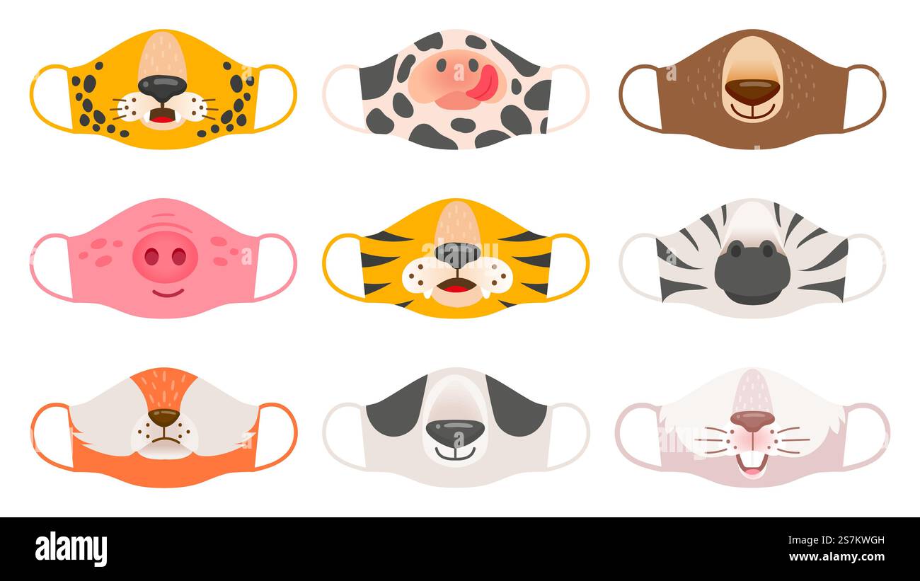 Medizinische Maske mit Tiergesichtern. Tiger, Schwein und Zebra, Bär und Kaninchen, Fuchs und Kuh Kinder covid-19 Schutzmasken Vektor-Set. Gesichtsschutzmaske gegen Coronavirus-Illustration. Medizinische Maske mit Tiergesichtern. Tiger, Schwein und Zebra, Bär und Kaninchen, Fuchs und Kuh Kinder covid-19 Schutzmasken drucken Vektor-Set Stock Vektor