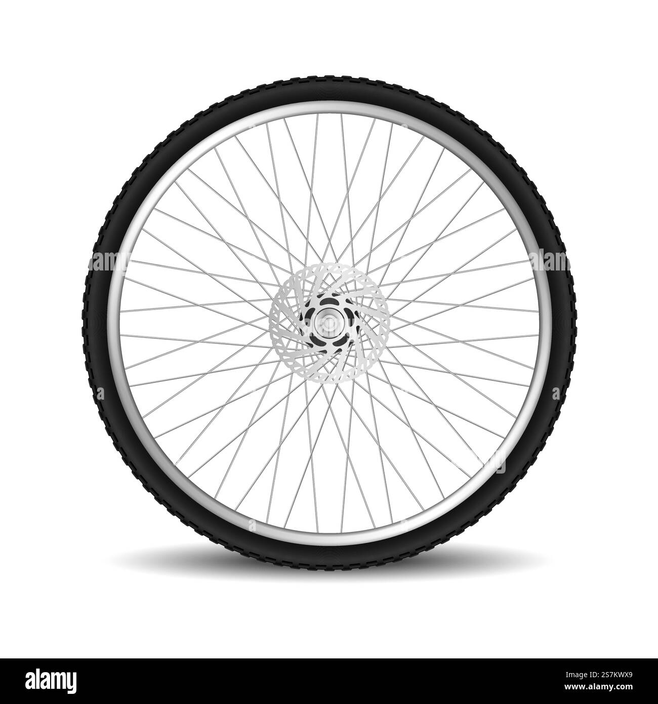 Realistisches Radrad isoliert auf weißem Hintergrund. Mountainbike-Rad 3D-Design. Neuer Radreifen mit Metallspeichen. Vektorabbildung. Realistisches Radrad isoliert auf weißem Hintergrund. Mountainbike-Rad Stock Vektor