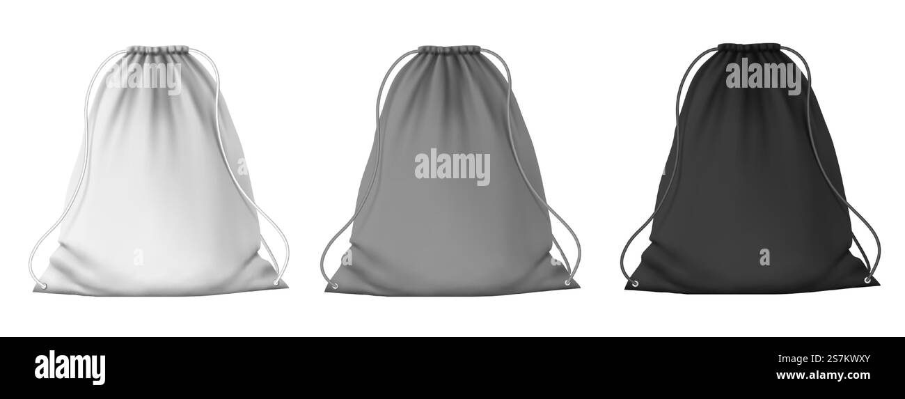 Sportrucksack-Modell. Leere Schultaschen mit Kordelzug und Schnüren für Kleidung und Schuhe. Realistisches 3D-Vektorset für weiße, graue und schwarze Taschen. Illustration Tasche Schule, Rucksack Modell. Sportrucksack-Modell. Leere Schultaschen mit Kordelzug und Schnüren für Kleidung und Schuhe. Realistisches 3D-Vektorset für weiße, graue und schwarze Taschen Stock Vektor