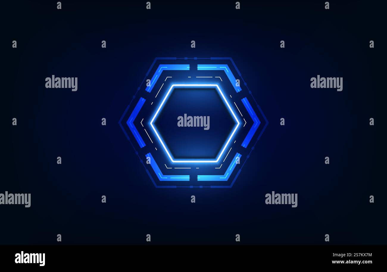 Vektorrealistisches Hexagon mit Neonteilen im dunklen Hintergrund. Futuristische Illustration. SCI fi Objekt , realistisches Sechseck , futuristisch glühendes HUD sechseckiges Element . Nanotechologie Stock Vektor
