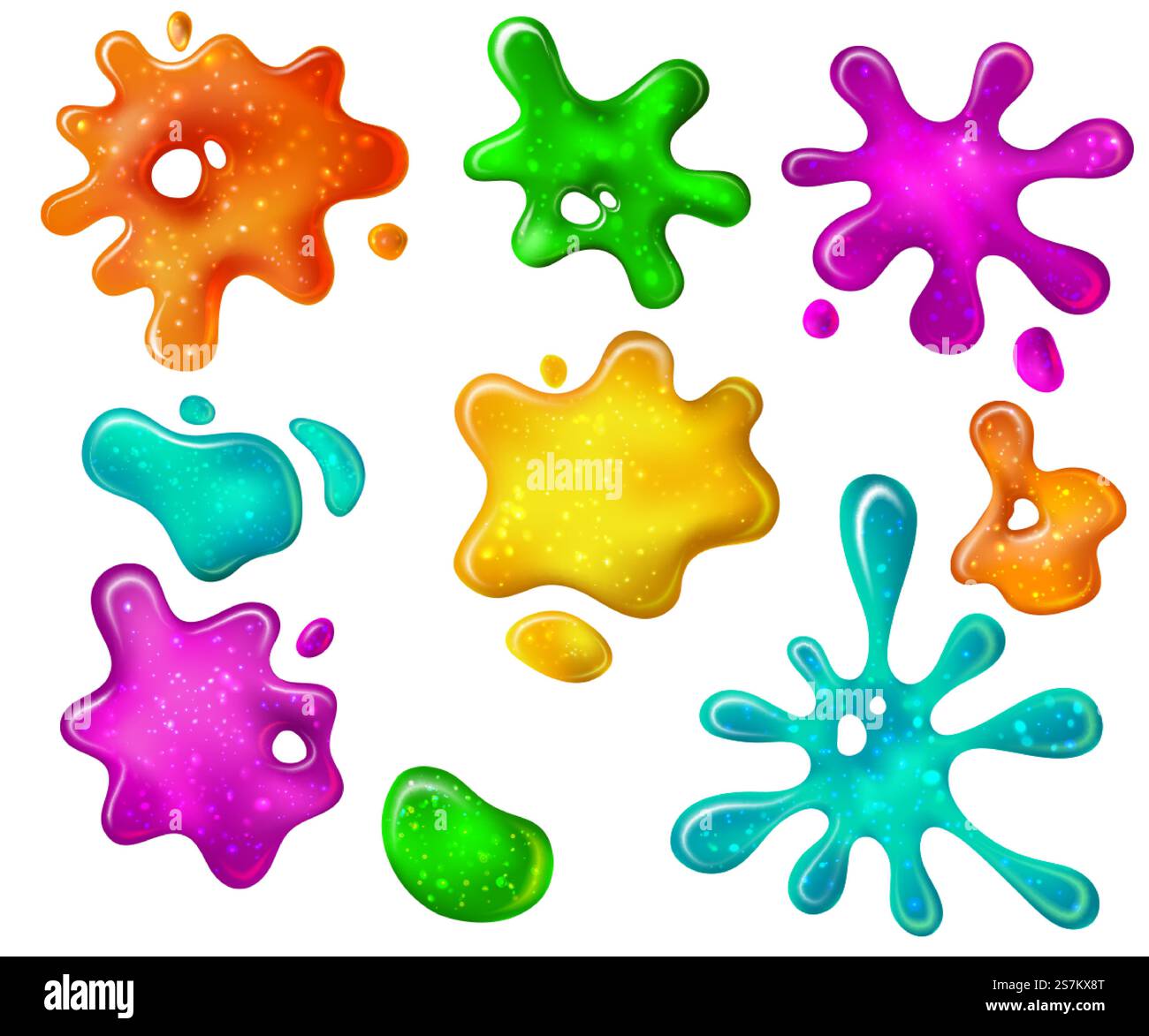 Glitzer-Goo-Spritzer. Rosa und blauer Schleim funkelt. Realistische 3D Glossy Green Tropfen und Blots. Kinder Spielzeug Tropfen Slimes Vektor Set. Aquarellfleck, Fleckskizze Aquarellzeichnung. Glitzer-Goo-Spritzer. Rosa und blauer Schleim mit Glitzern. Realistische 3D Glossy Green Tropfen und Blots. Kinder Spielzeug Tropfen Slimes Vektor Set Stock Vektor