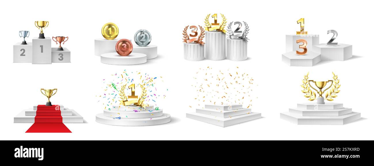 Siegerpodest, Medaille und Pokale. Trophäen auf dem beleuchteten Podium für die Verleihung, Preise auf Treppenpodest, realistisches Vektorset. Zeremonie-Meisterschaft, Podest-Sieger-Illustration. Siegerpodest, Medaille und Pokale. Trophäen auf dem beleuchteten Podium für die Verleihung, Preise auf Treppenpodest, realistisches Vektorset Stock Vektor
