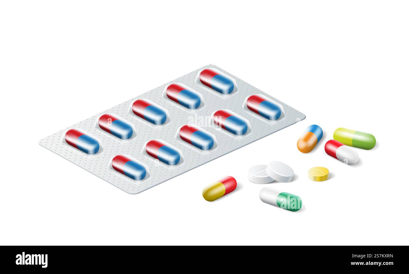 Realistische Blase mit bunten Pillen. 3D-Tabletten für Krankheit und Schmerzbehandlung isoliert auf weißem Hintergrund. Arzneimittelkapseln, Vitamine und Medikamente. Vektorabbildung. Realistische Blase mit bunten Pillen. 3D-Tabletten zur Krankheits- und Schmerzbehandlung Stock Vektor