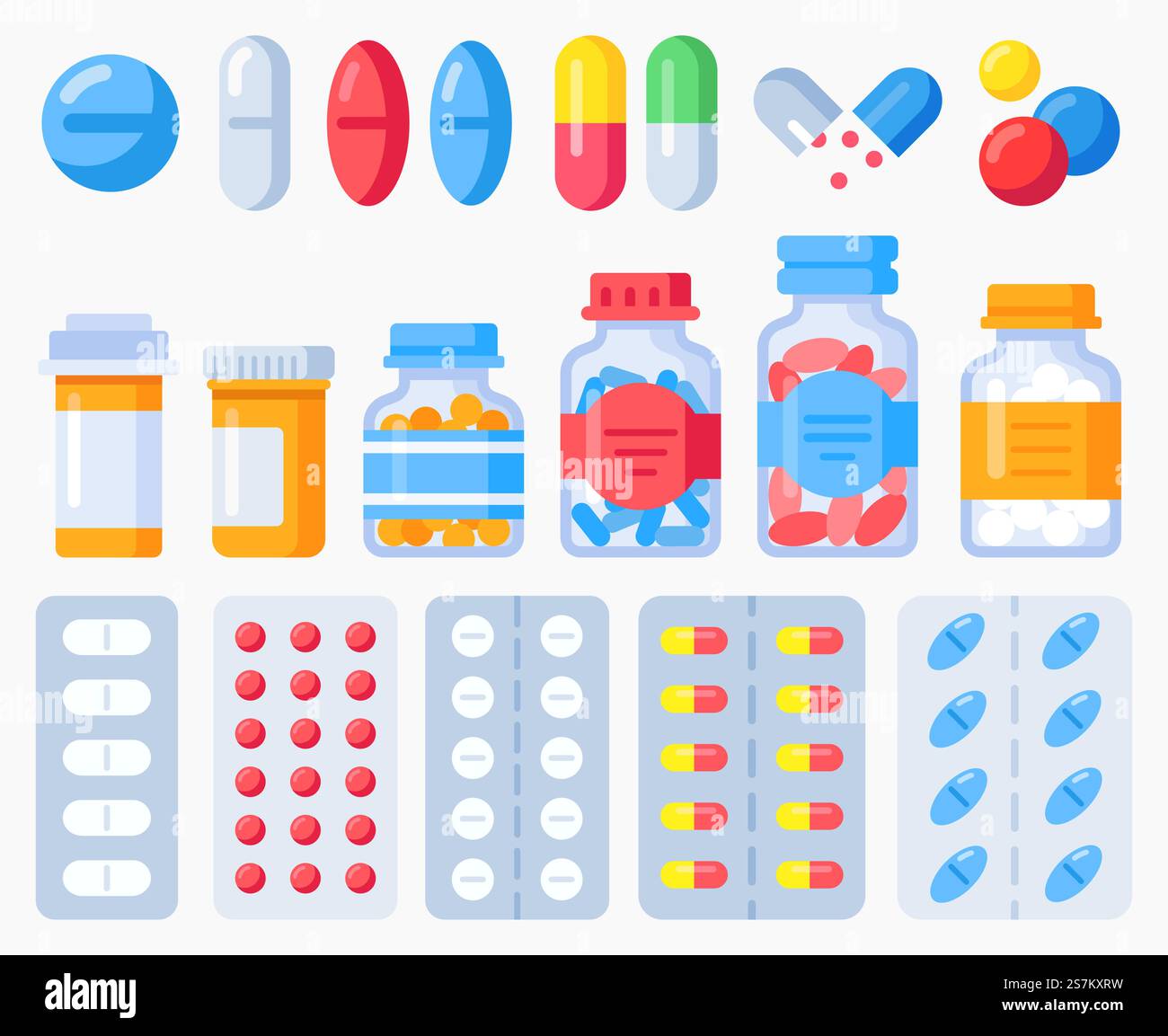 Arzneimittelpillen, Arzneimittelflaschen und Pillen in Blisterpackungen. Apothekenbehandlung, Gesundheitspille, Medikament Vitamin und Tablette, Vektor-Illustration. Arzneimittelpillen, Arzneimittelflaschen und Pillen in Blisterpackungen Stock Vektor