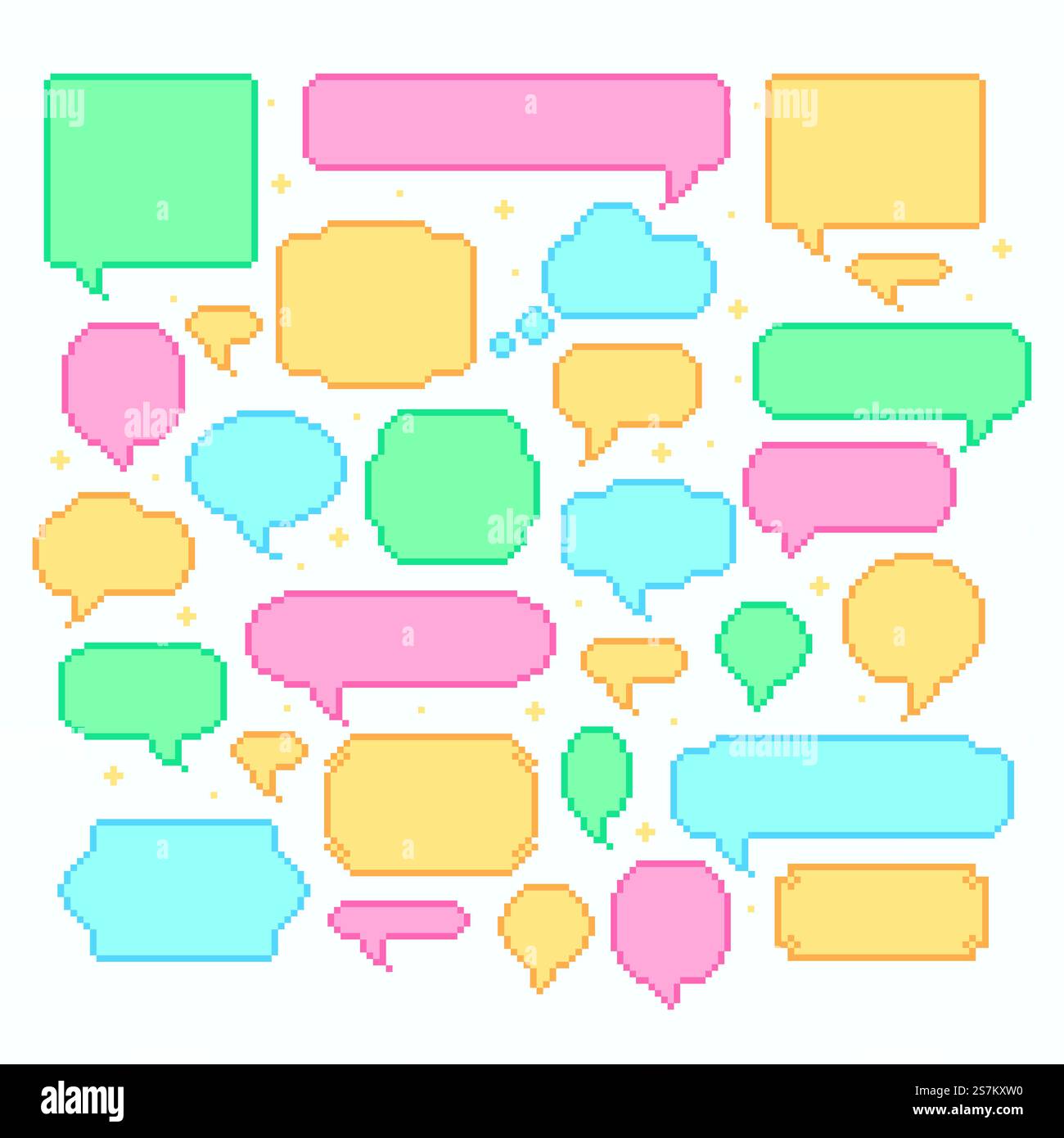 Pixel-Sprechblasen. Sprech- und Kommunikationsnachrichten im 8-Bit-Stil, quadratisches Chatbanner für Gespräche, Vektorillustration. Pixel-Sprechblasen. 8-Bit-Sprech- und Kommunikationsnachricht Stock Vektor