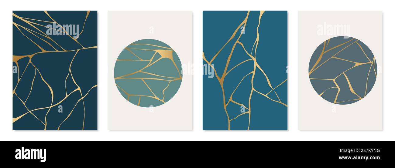 Set aus goldenem Kintsugi-Poster. Japanische Kunst, zerbrochene Töpferwaren zu reparieren. Vektorrissmuster für Hausabzüge, Poster, Tapeten. Goldenes Material der Kintsugi-Restaurierungstechnik. Stock Vektor