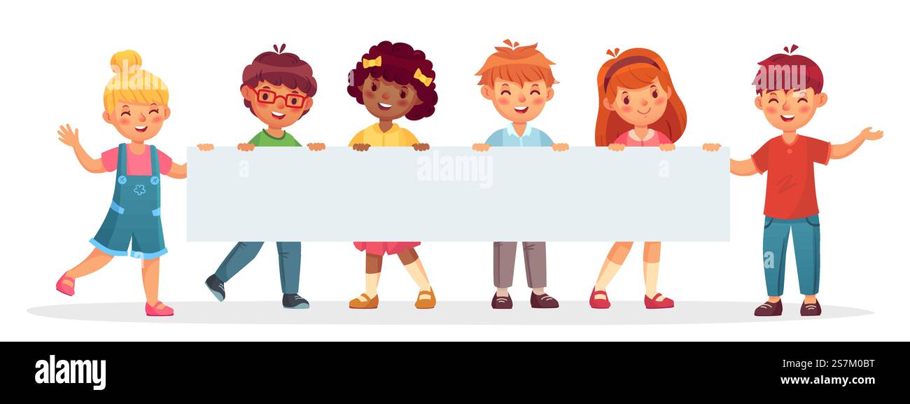 Kinder halten ein großes leeres Banner. Fröhliche, abwechslungsreiche Kinder lachen und lächeln. Vorlage für Werbung mit leerem Platz für Text. Glückliche Jungs und Mädchen mit Papiervektor-Illustration. Kinder halten ein großes leeres Banner. Fröhliche, abwechslungsreiche Kinder lachen und lächeln. Vorlage für Werbung Stock Vektor