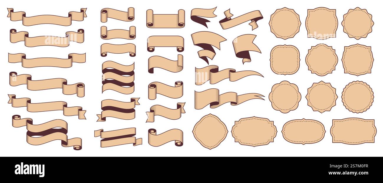 Retro-Bänder und -Rahmen. Vintage und gravierte Banner zur Dekoration oder zum Ladenverkauf. Label im alten Stil für Titel, Werbung oder Promotion. Gefaltetes Etikett für Vektorillustration im Einzelhandel. Retro-Bänder und -Rahmen. Vintage und gravierte Banner zur Dekoration oder zum Ladenverkauf. Label im alten Stil Stock Vektor
