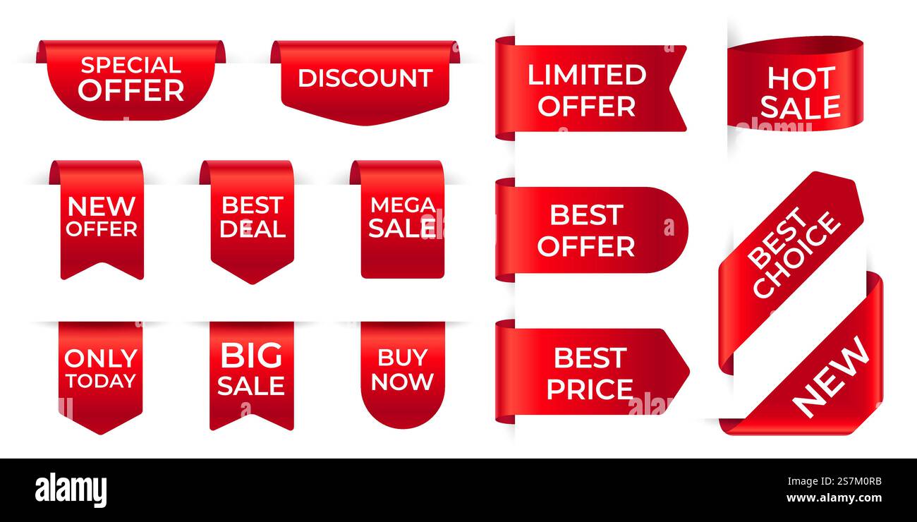Rote Bandetiketten. Exklusive Aufkleber und große Verkaufsetiketten, neues Angebot, Rabatt. Seide Scharlach Werbeveranstaltung Banner Vektor Vorlage. Bestes Angebot, jetzt Lesezeichen auf weiß kaufen. Rote Bandetiketten. Exklusive Aufkleber und große Verkaufsetiketten, neues Angebot, Rabatt. Seide Scharlach Werbeveranstaltung Banner Vektor Vorlage Stock Vektor