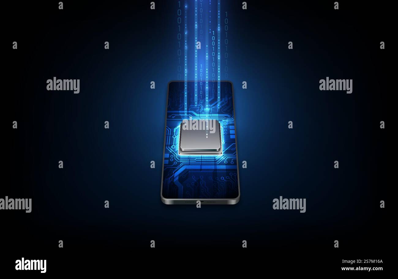 Futuristischer Mikrochip-Prozessor mit Hintergrundbeleuchtung am Telefon in Blau. Quantentelefon, Big-Data-Verarbeitung, Datenbankkonzept. Vektorabbildung. Stock Vektor
