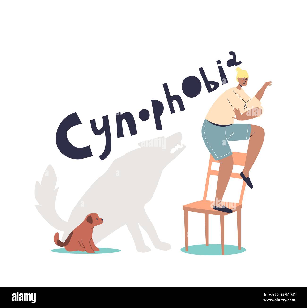 Frau mit Zynophobie, Angst vor Hunden. Verängstigte Cartoon-Frau, die Angst vor einem kleinen Hundewelpen hat. Das Konzept der menschlichen Phobien. Illustration des flachen Vektors. Frau mit Zynophobie, Angst vor Hunden. Verängstigte Cartoon-Frau, die Angst vor einem kleinen Hundewelpen hat Stock Vektor