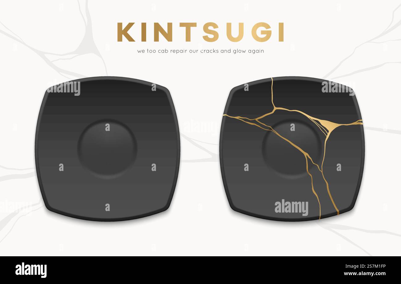Ganze und gebrochene schwarze Vektorplatten mit goldenen Kintsugi-Rissen. Japanische Kunst, zerbrochene Töpferwaren zu reparieren. Reparieren Sie unsere Risse und leuchten Sie wieder. Asiatische Elemente für Wohndekoration. Vektorabbildung Stock Vektor