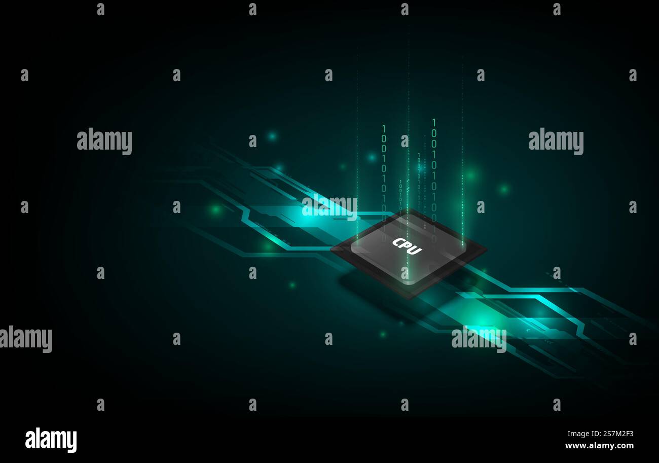 Quantencomputer, große Datenverarbeitung, Datenbankkonzept. CPU-isometrisches Banner. CPU-Konzept für zentrale Computerprozessoren. Digitaler Chip Futuristischer Mikrochip-Prozessor Stock Vektor