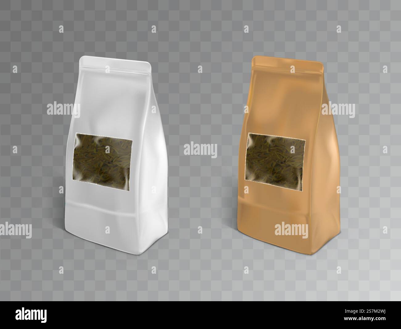 Schwarzer, grüner oder Kräutertee Verpackung 3D realistischer Vektor Modell isoliert auf transparentem Hintergrund. Papier-, Kunststoff- oder Folienrohling weiße, braun versiegelte Pakete mit transparentem Fenster und Blättern im Inneren. Teeverpackungsbehälter realistische Vektormodelle Stock Vektor