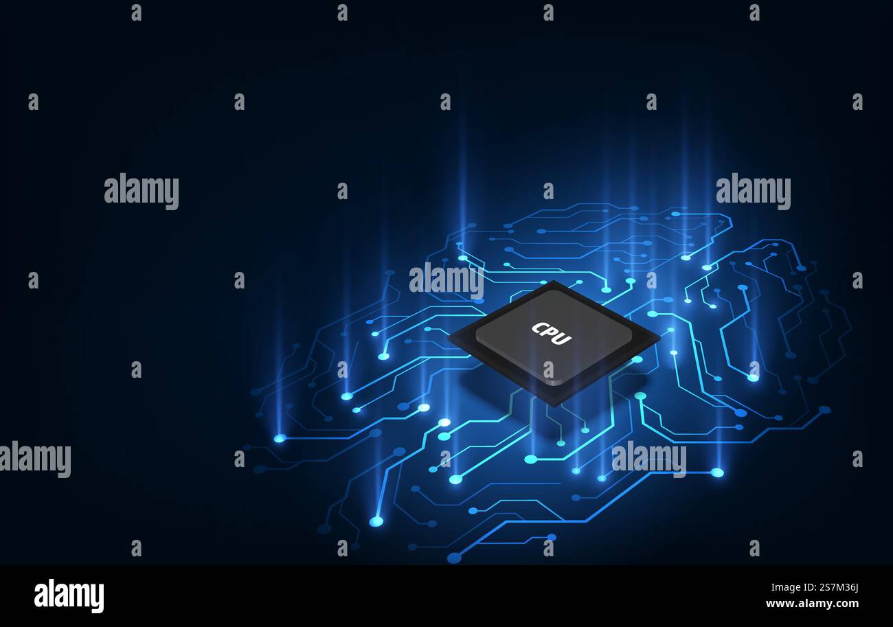 Quantencomputer, große Datenverarbeitung, Datenbankkonzept. CPU-isometrisches Banner. CPU-Konzept für zentrale Computerprozessoren. Digitaler Chip Futuristischer Mikrochip-Prozessor. Stock Vektor
