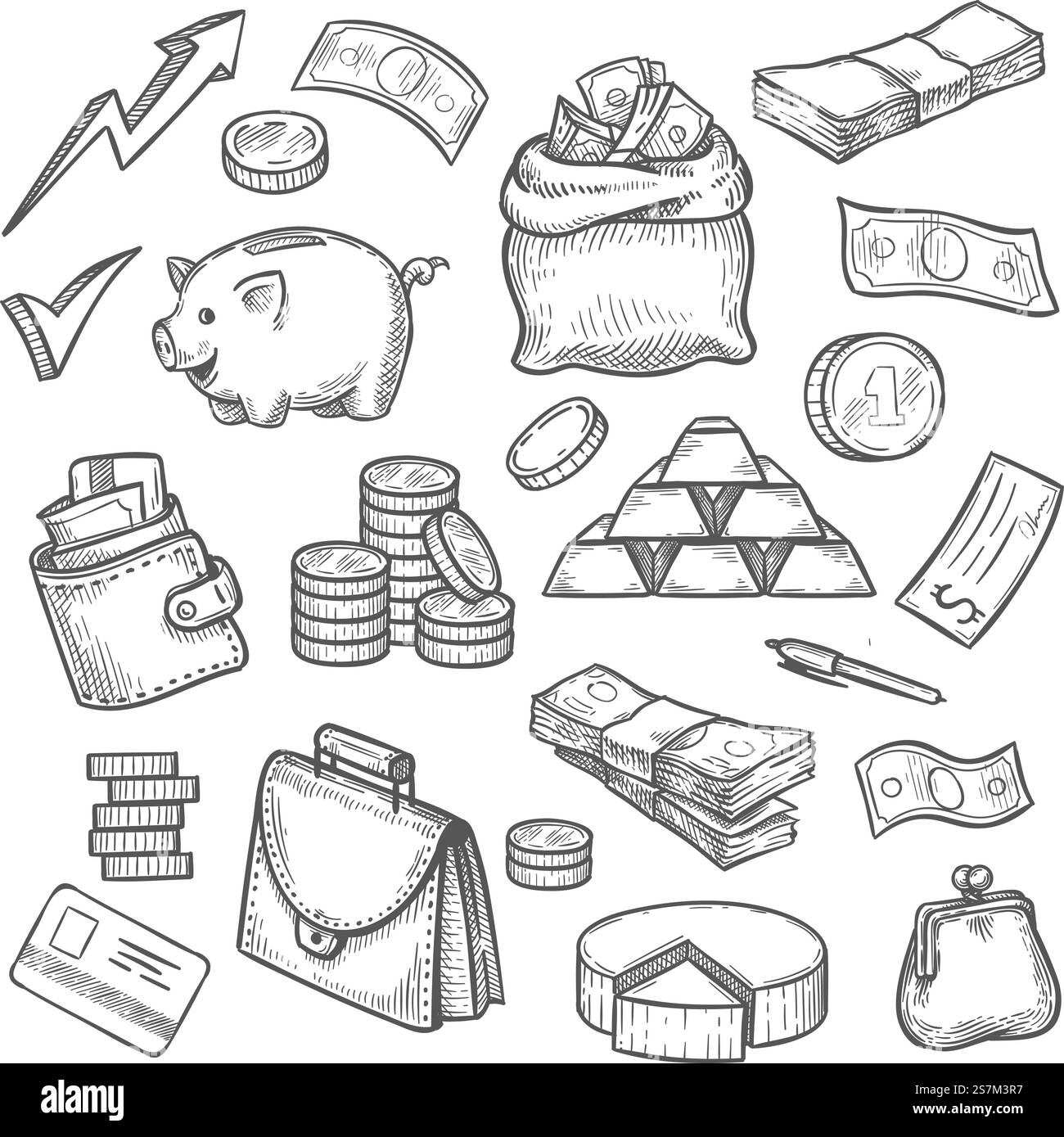 Geld- und Finanzskizze. Kreditkarte, Goldbarren, Geldbörse, Aktentasche und Dollarsack. Münzen, Sparkasse, Business Investment Icons Vektor Set. Abbildung von Finanz- und Bankobjekten. Geld- und Finanzskizze. Kreditkarte, Goldbarren, Geldbörse, Aktentasche und Dollarsack. Münzen, Sparkasse, Business Investment Icons Vektor Set Stock Vektor