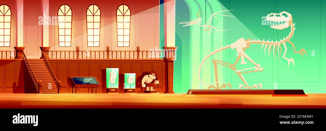 Naturkundemuseum Ausstellungshalle mit Ausstellungen Cartoon Vektor. T-rex- und Pterodactyl-Dinosaurier-Skelette auf Sockel, an Seil hängend, Steinzeitjäger-Dummy, Fossilien in Glasbehältern Illustration. Paläontologisches Museum Innere Karikaturvektor Stock Vektor