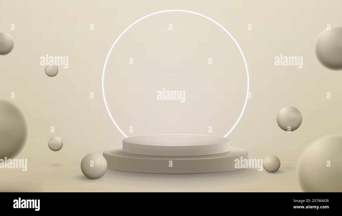3D-Darstellung mit abstrakter Szene mit neonweißem Ring um das Podium rendern. Abstrakter Raum mit 3D Kugeln Stock Vektor