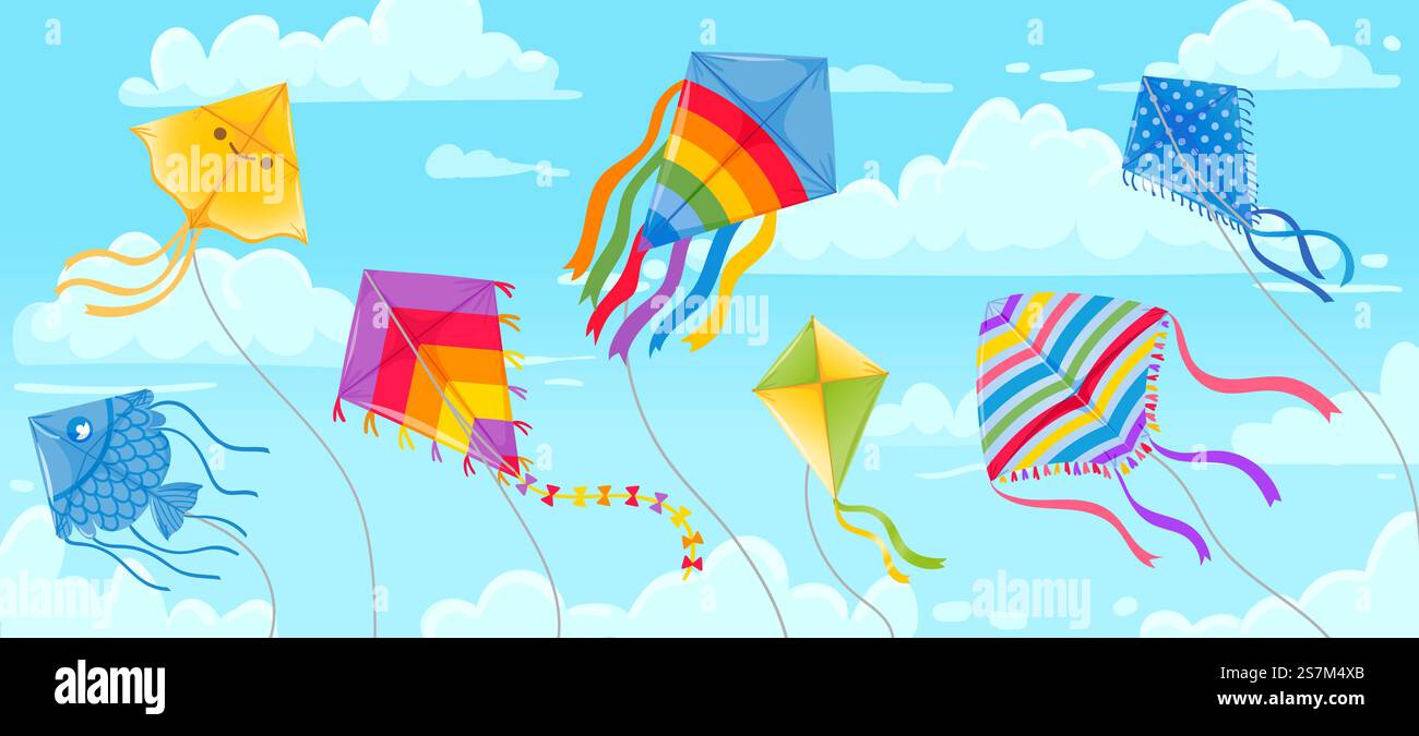 Drachen im Himmel. Blauer Sommerhimmel und Wolken mit Drachenschnüre, die im Wind fliegen. Kites Festival-Banner. Outdoor Spaß Hobby Vektor Hintergrund. Illustrationskite am Himmel, verschiedene Outdoor-Spielzeuge. Drachen im Himmel. Blauer Sommerhimmel und Wolken mit Drachenschnüre, die im Wind fliegen. Kites Festival-Banner. Outdoor Spaß Hobby Vektor Hintergrund Stock Vektor