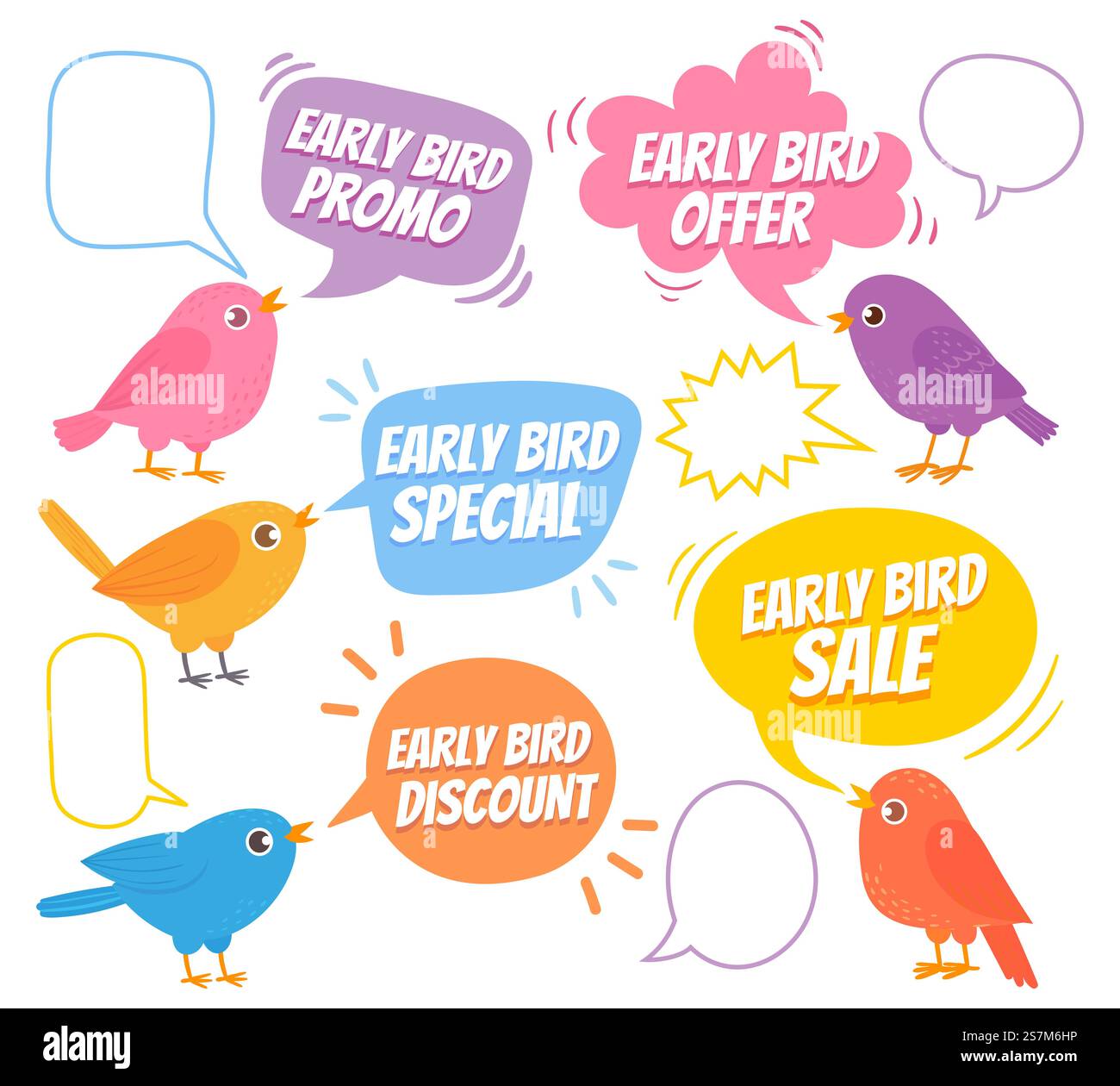 Frühvögel. Trendiges Design mit Vogel- und Sprechblase, Sonderangebot Verkauf, Promotion Markt, Diskontwerbung Preis Cartoon Vektor Set. Benachrichtigung mit Promotion. Trendige Designvorlage. Frühvögel. Trendiges Design mit Vogel- und Sprechblase, Sonderangebot Verkauf, Promotion Markt, Diskontwerbung Preis Cartoon Vektor Set Stock Vektor