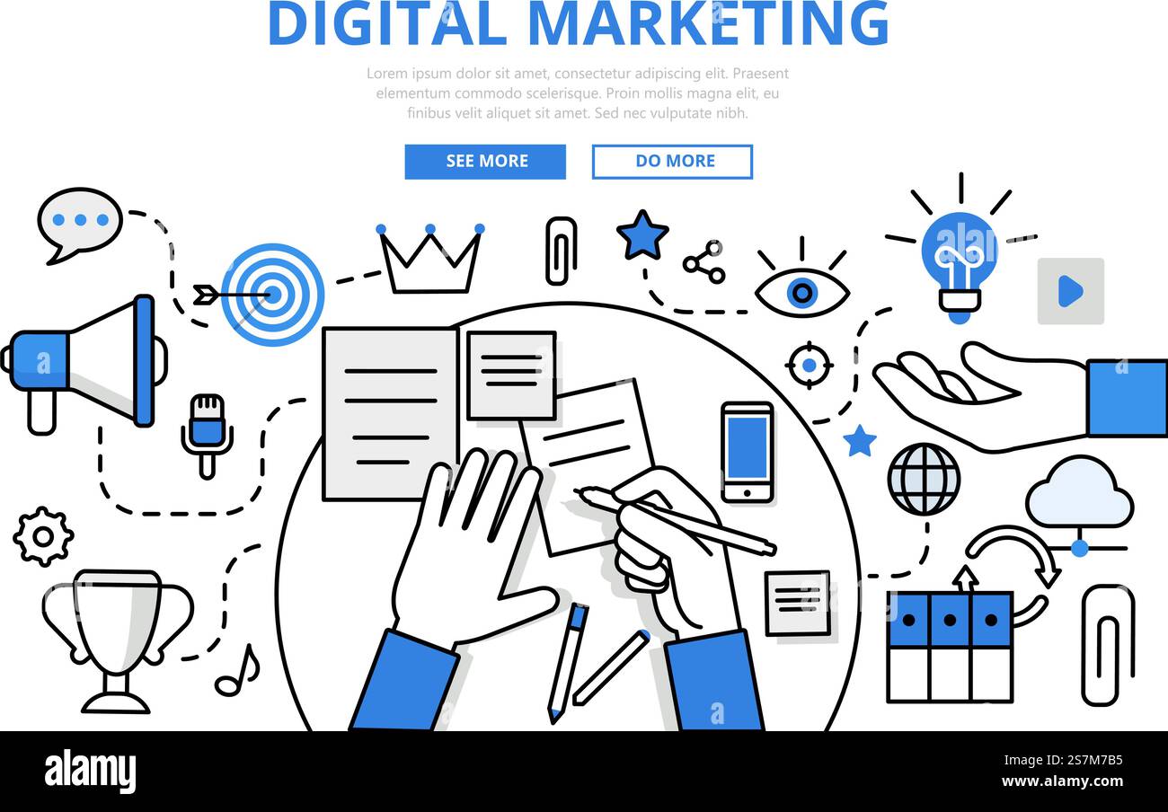Digitales Marketing Online-Werbung Verkehrskonzept Flachbild-Vektor-Symbole. Moderne Website-Infografiken Illustration Hero-Bild Web-Banner. Lineart Collection. Stock Vektor