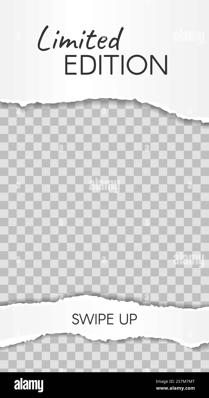 Eine Geschichte aus zerrissenem Papier. Papierabfälle in limitierter Auflage, streichen Sie die Vorlage für Social-Media-Geschichten nach oben. Beschädigter Netzwerkrahmen für Shop oder Blogger. Layout für Promotion, Marketingvektor-Illustration. Eine Geschichte aus zerrissenem Papier. Papierabfälle in limitierter Auflage, streichen Sie die Vorlage für Social-Media-Geschichten nach oben. Beschädigter Netzwerkrahmen Stock Vektor