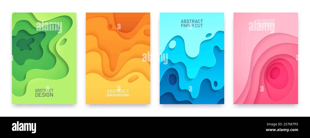 Banner mit Papierschnitt. Abstrakte geometrische 3D-Formen mit Verlauf. Ausgeschnittene Wellenformschichten für Flyer, Cover und Poster. Carving Art Vector Set. Illustration Wellendekoration geometrisch, Layout-Zusammensetzung. Banner mit Papierschnitt. Abstrakte geometrische 3D-Formen mit Verlauf. Ausgeschnittene Wellenformschichten für Flyer, Cover und Poster. Carving Art Vector Set Stock Vektor