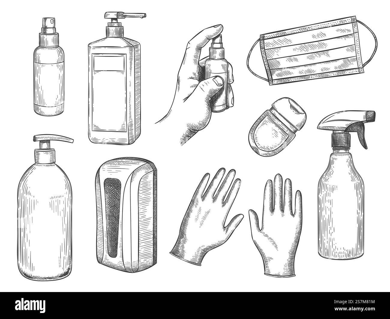 Desinfektionsflasche skizzieren. Persönliche Schutzausrüstung. Medizinische Maske, Handschuhe, Flüssigseife und antibakterielles Spray. Handgezeichnetes PSA-Vektorset. Illustration Desinfektionsflasche gegen Virus. Desinfektionsflasche skizzieren. Persönliche Schutzausrüstung. Medizinische Maske, Handschuhe, Flüssigseife und antibakterielles Spray. Handgezeichnetes PSA-Vektorset Stock Vektor