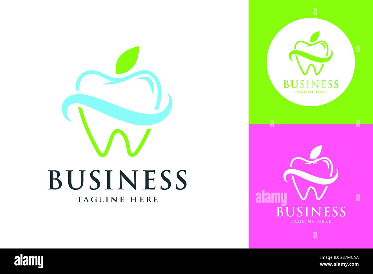 Ein stilvolles Dentallogo, das Blatt- und Wellenelemente kombiniert und eine Zahnarztpraxis darstellt, die sich auf Gesundheit und Natur konzentriert. Stock Vektor