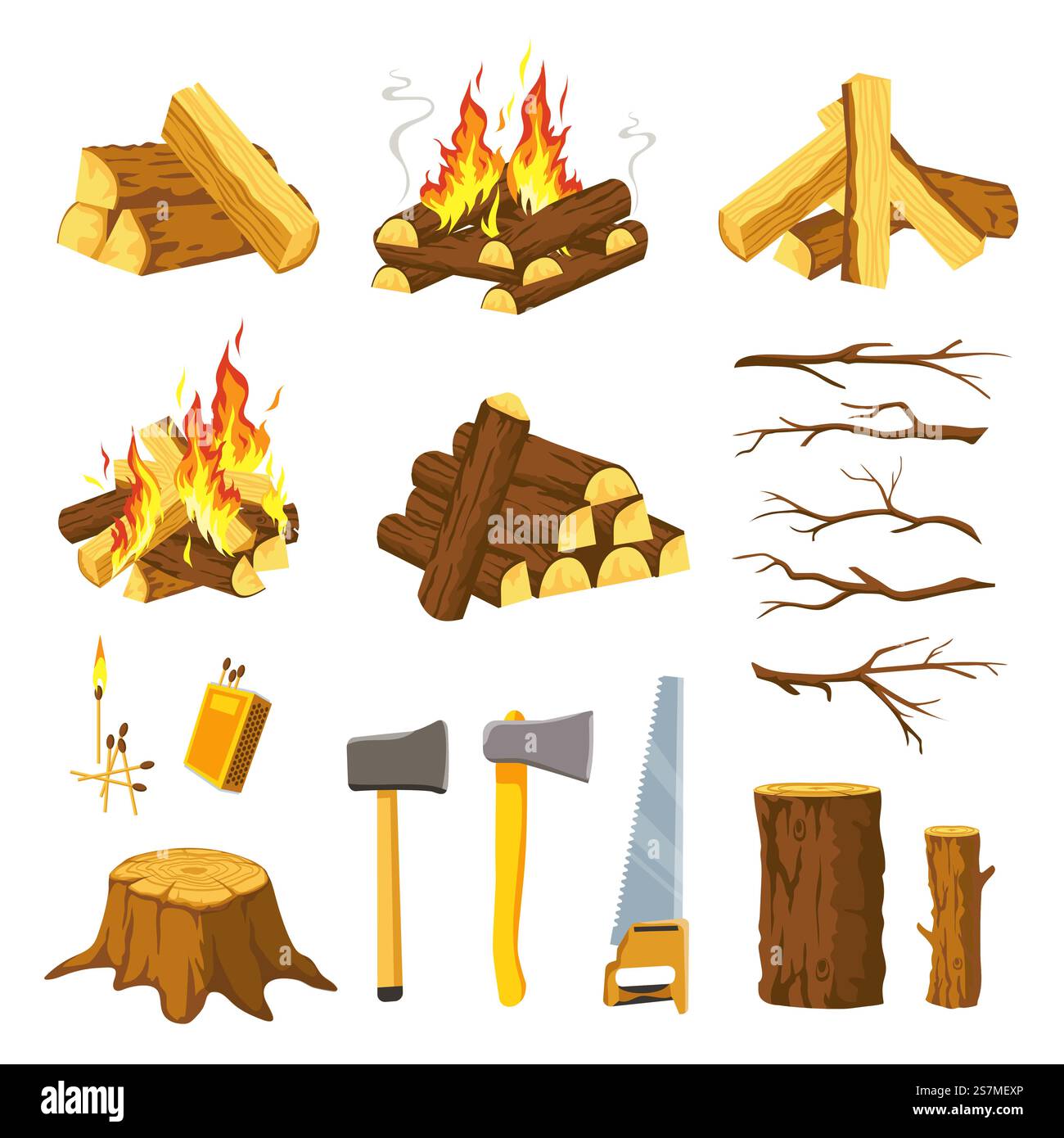 Lagerfeuer aus Holz. Baumstämme stapeln sich, Äste, Holzfäller, Säge und Streichhölzer für Lagerfeuer. Brennholzstapel mit Flammen verbrennen, Holzvektorsatz. Ausrüstung zum Schneiden von Holz, Wandern im Freien. Lagerfeuer aus Holz. Baumstämme stapeln sich, Äste, Holzfäller, Säge und Streichhölzer für Lagerfeuer. Brennholzstapel mit Flammen verbrennen, Holzvektorsatz Stock Vektor